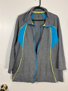 Catherines Gray Athleisure Jacket with Turquoise Panels and Neon Yellow Trim